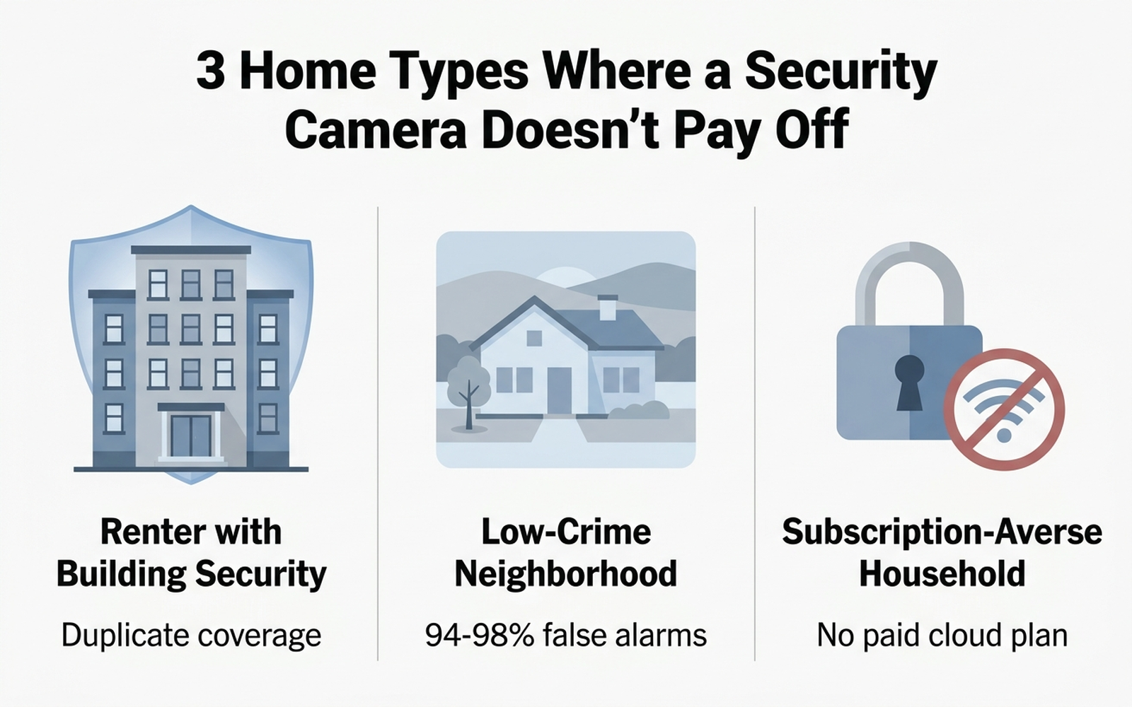 Infographic comparing three home types — leased apartment with building security, low-crime neighborhood, and subscription-averse household — each pointing to the conclusion skip the security camera