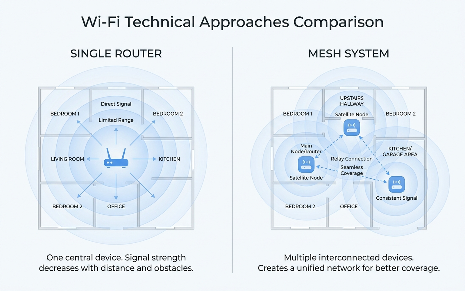 Infographic comparing single router radio coverage versus mesh system node relay coverage