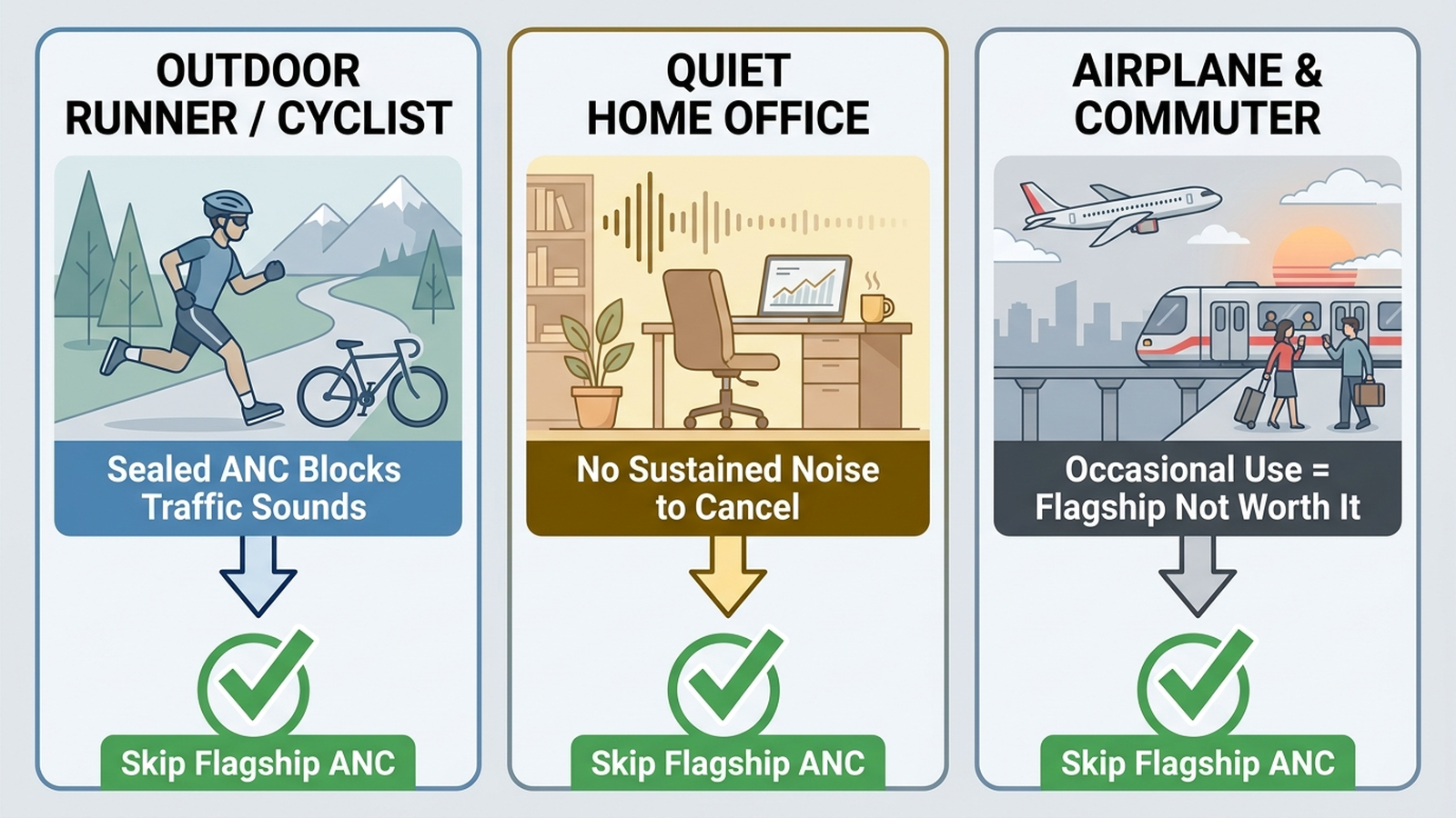 Infographic comparing three listener types — outdoor safety-first, quiet-environment, and infrequent-flyer — each pointing to the conclusion skip flagship ANC