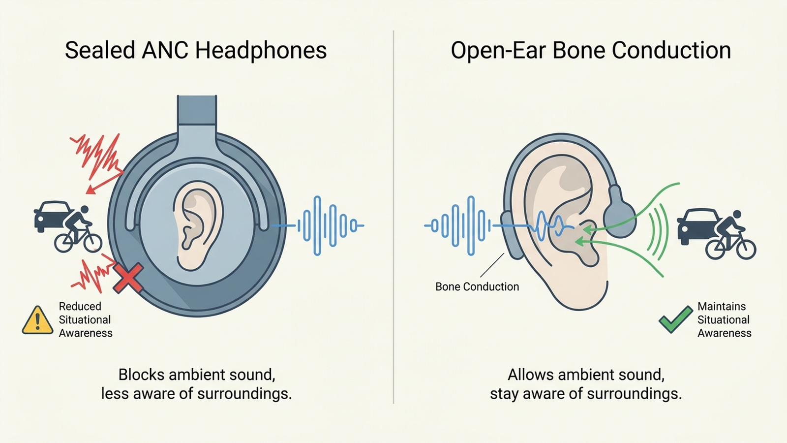 Infographic showing sound frequencies masked by sealed ANC headphones compared to open-ear bone conduction awareness for outdoor runners and cyclists