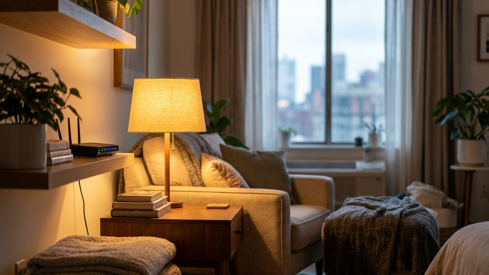 A quiet apartment living room with a router and lamp on, no visible battery equipment