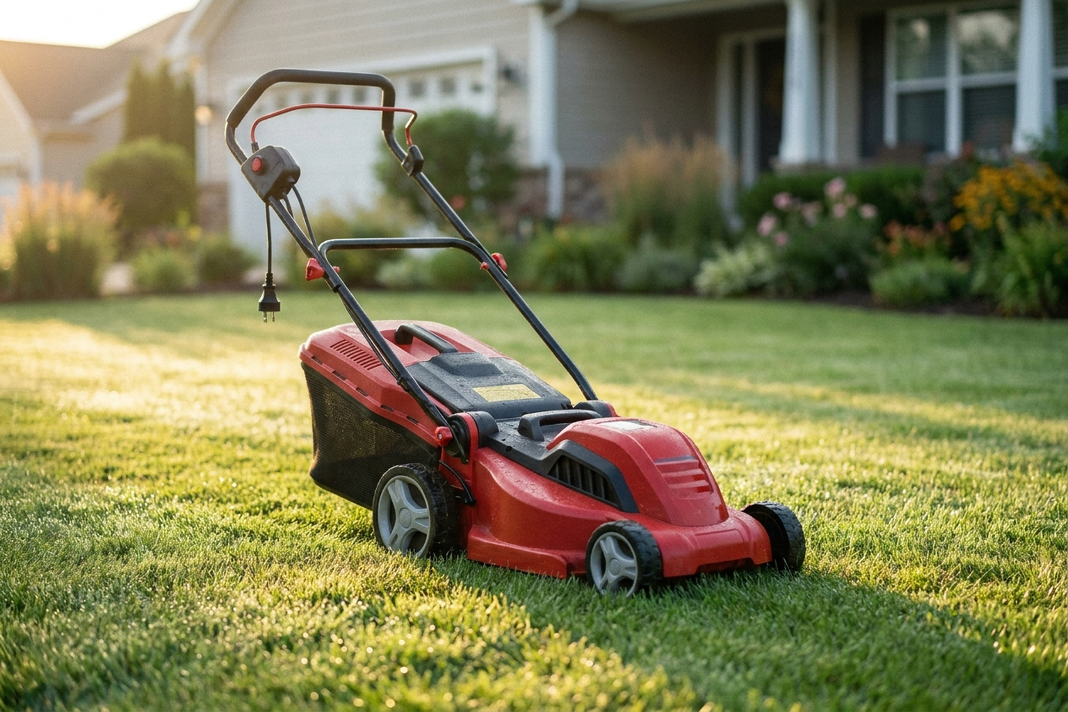 A traditional push lawn mower parked on a small, neatly trimmed suburban lawn, soft morning light, no people, no visible text