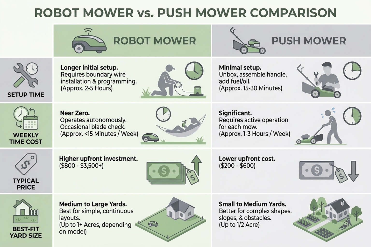 Infographic comparing robot mowers and traditional push mowers across setup time, weekly time cost, price, and best-fit yard size