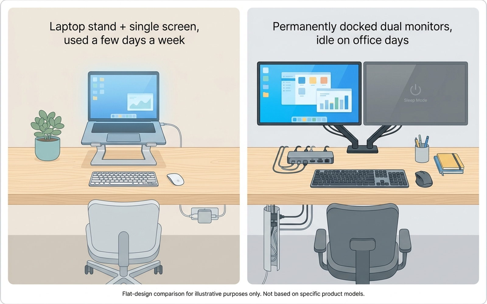 Diagram comparing a hybrid worker's home desk with a laptop stand and single monitor used a few days a week versus a permanently docked dual monitor setup sitting idle on office days