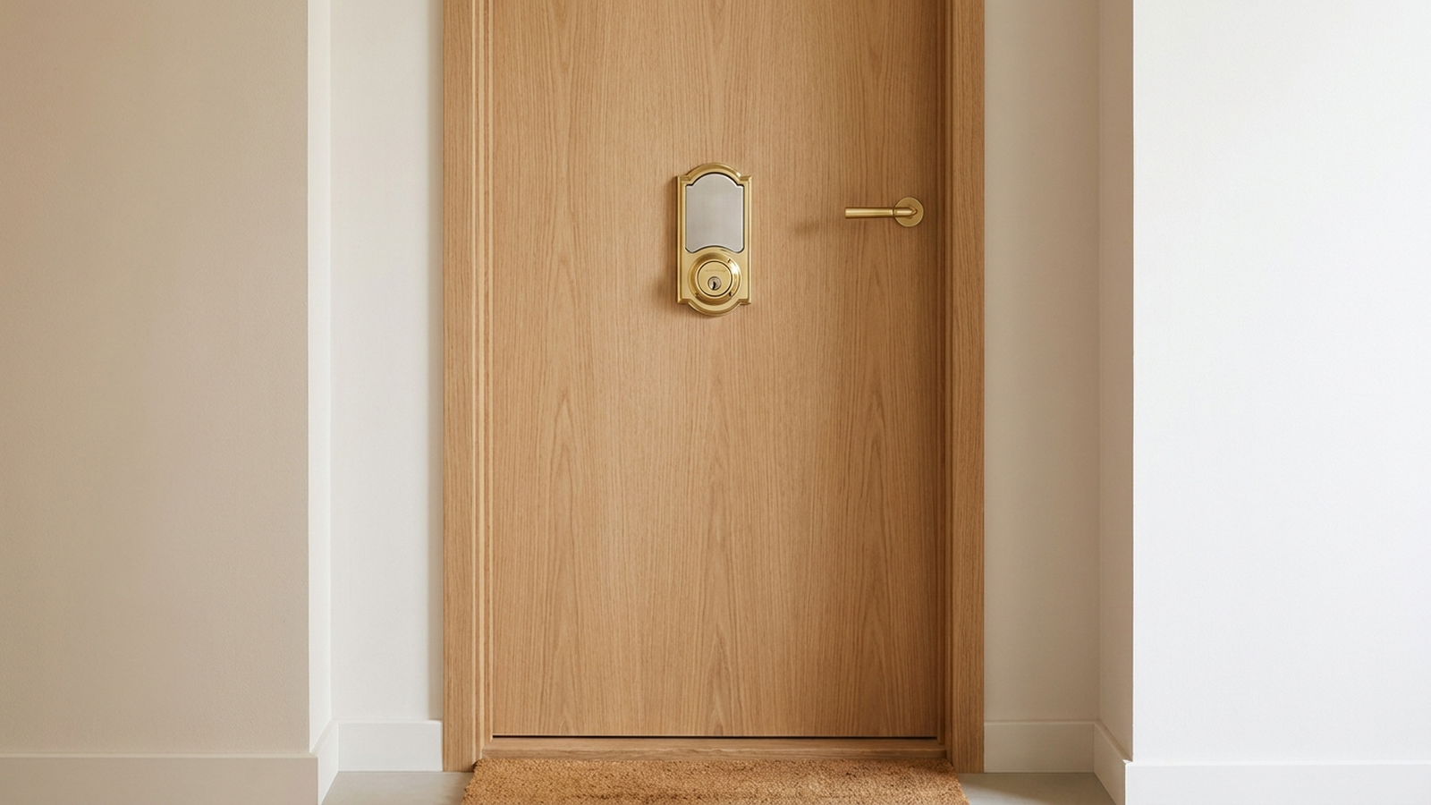 A plain apartment front door with a traditional deadbolt in soft daylight, no people, no visible text