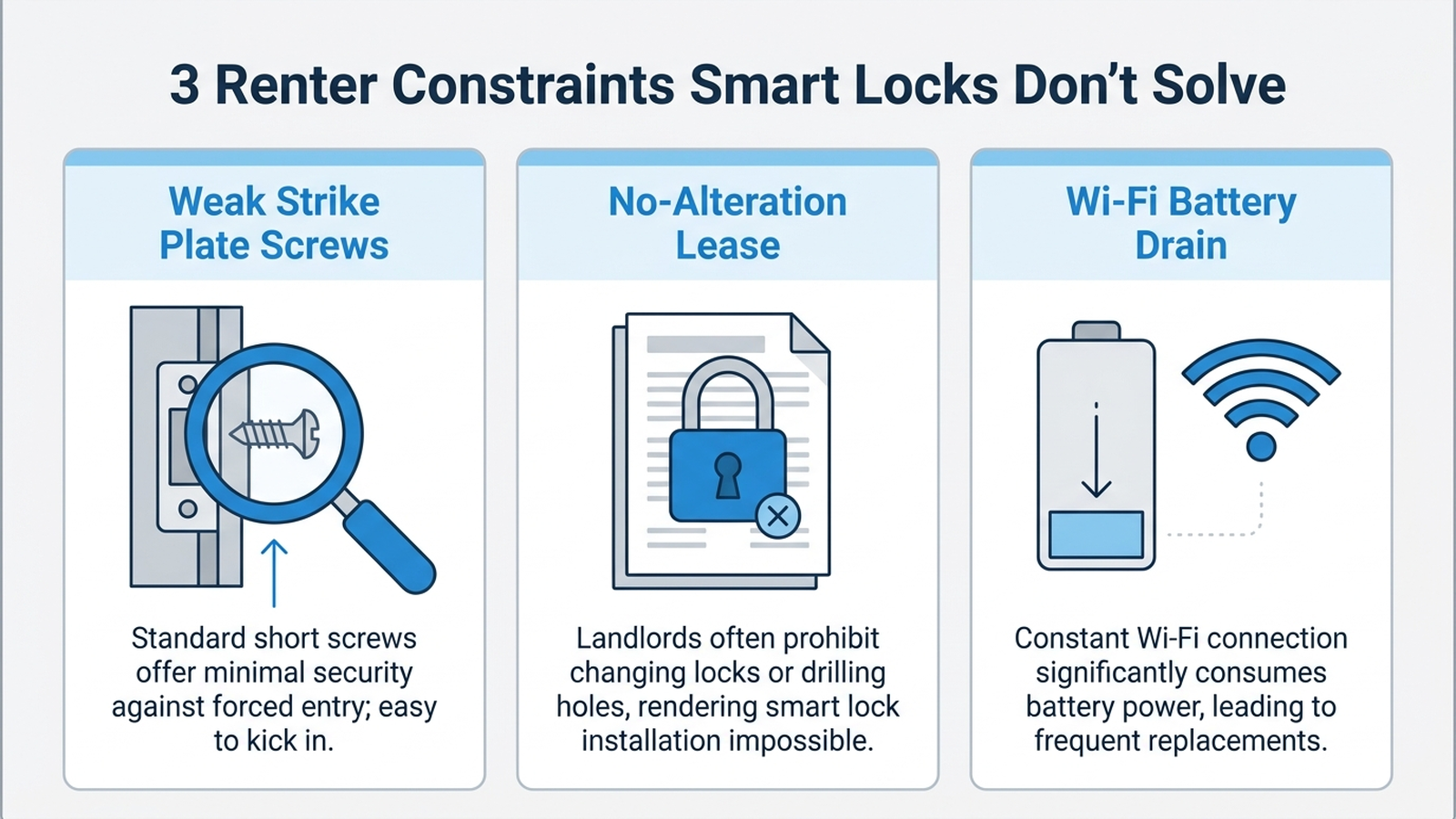 Infographic comparing three renter constraints — weak strike plate, no-alteration lease, and Wi-Fi battery drain — each pointing to the conclusion skip the smart lock