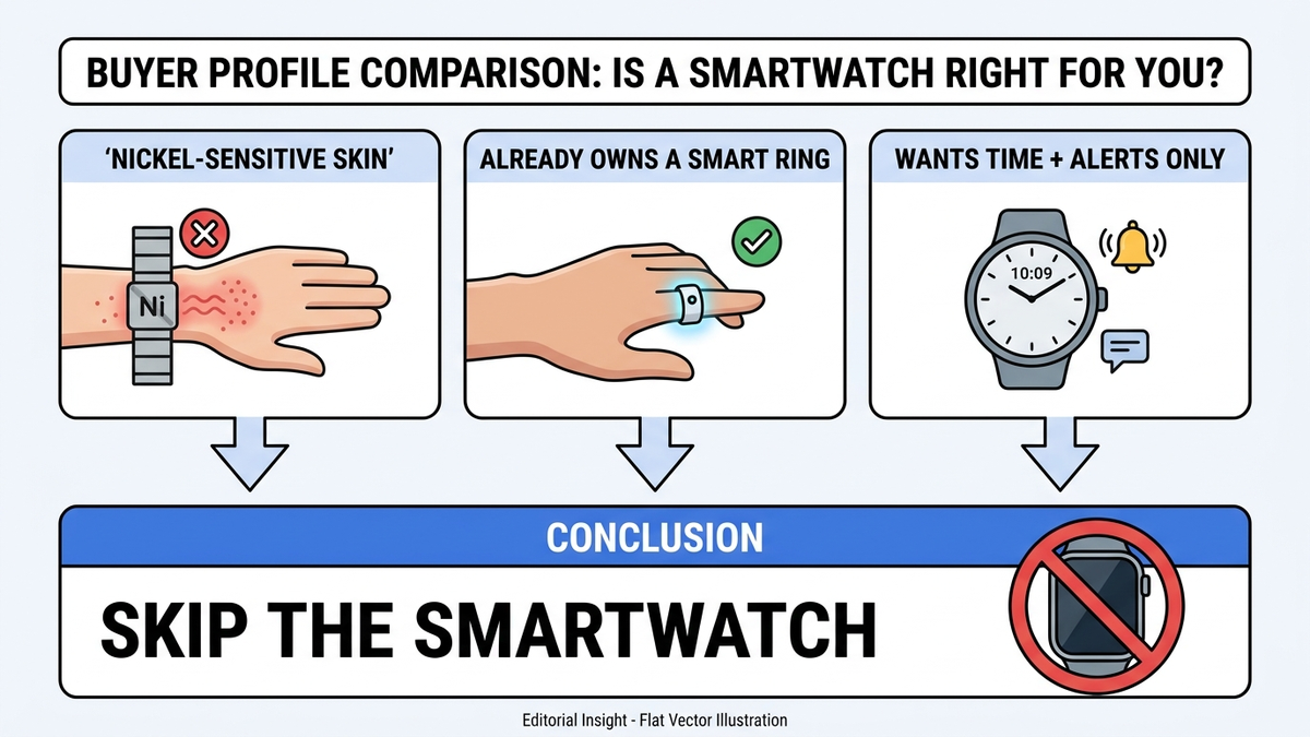 Infographic comparing three buyer types — nickel-sensitive skin, existing smart-ring owner, and light notification-only user — each pointing to the conclusion skip the smartwatch