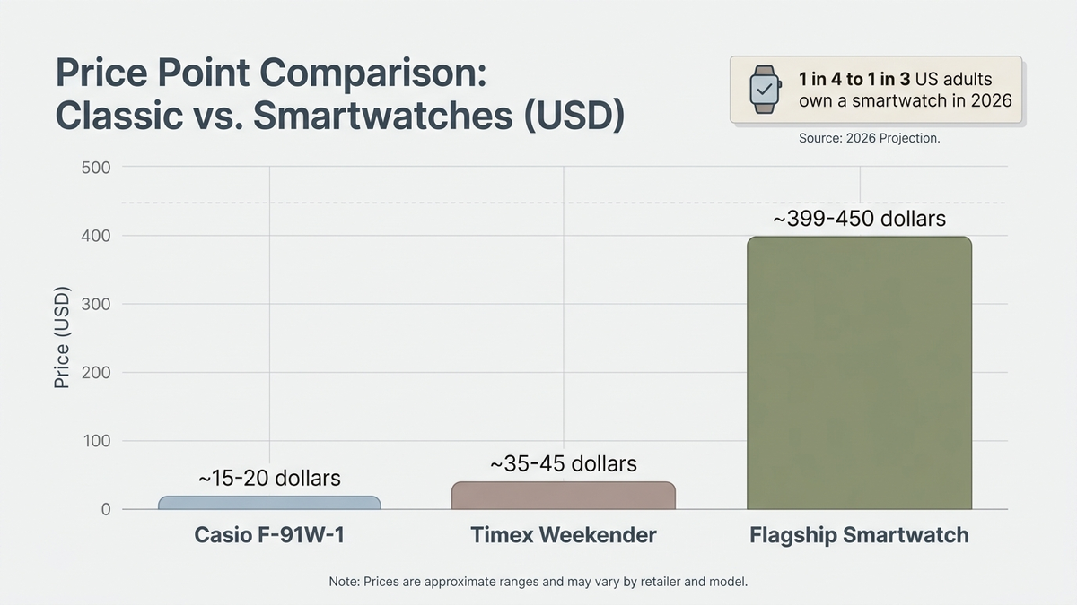 Bar chart infographic comparing smartwatch price and notification-distraction data against a basic analog watch, with US smartwatch ownership percentage