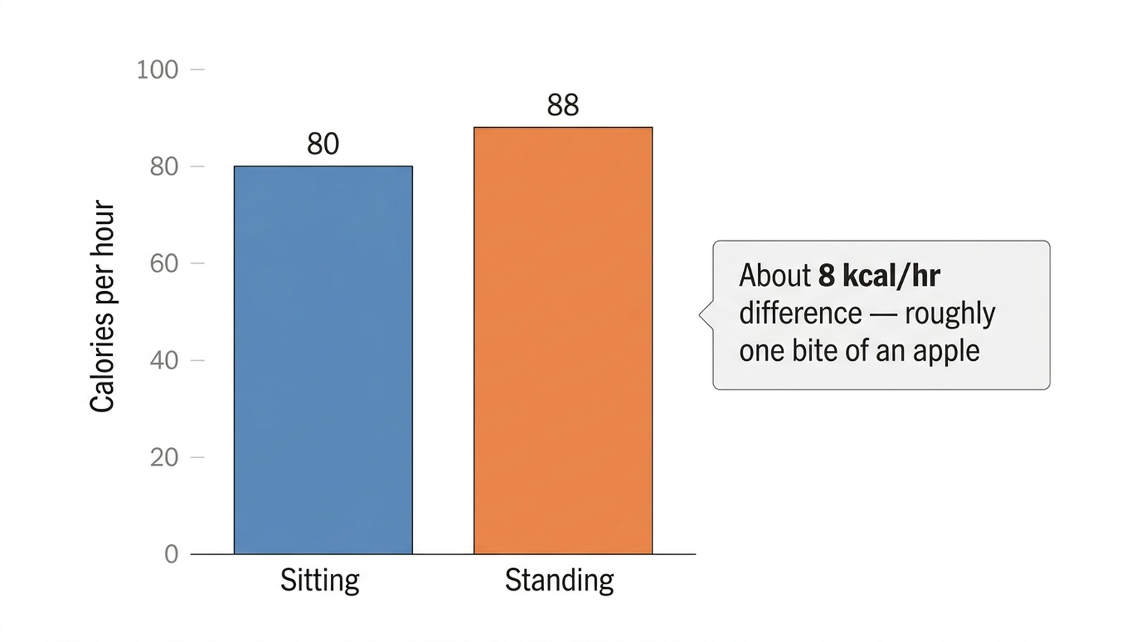 Bar chart comparing calories burned per hour standing versus sitting, showing roughly an 8 calorie-per-hour difference