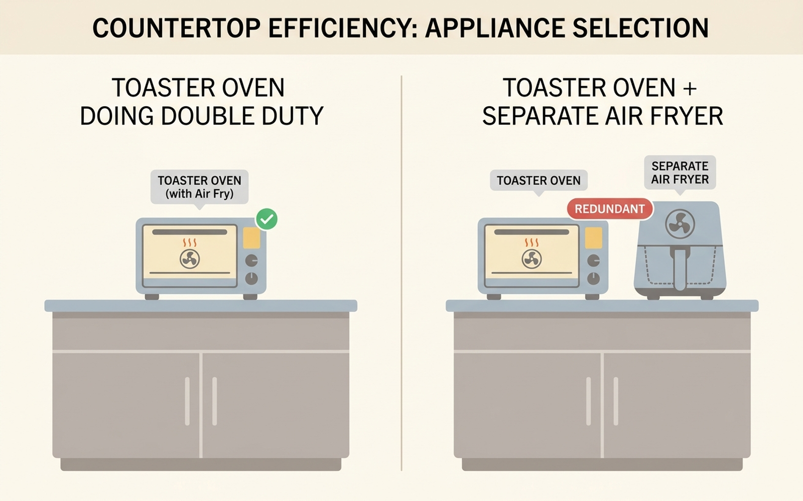 Diagram comparing a compact kitchen with a toaster oven doing double duty for both toasting and air frying versus the same kitchen with a dedicated air fryer added, showing the redundant footprint