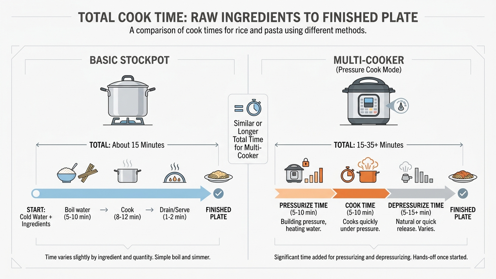 Diagram comparing total time from raw ingredients to plate for rice and pasta cooked in a basic stockpot versus a pressure-cook multi-cooker, showing the multi-cooker's pressurize and depressurize time erasing its speed advantage for these foods