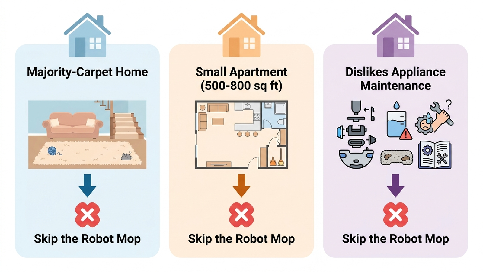 Infographic comparing three home types — majority-carpet home, small apartment under 800 square feet, and low-maintenance-tolerance household — each pointing to the conclusion skip the robot mop