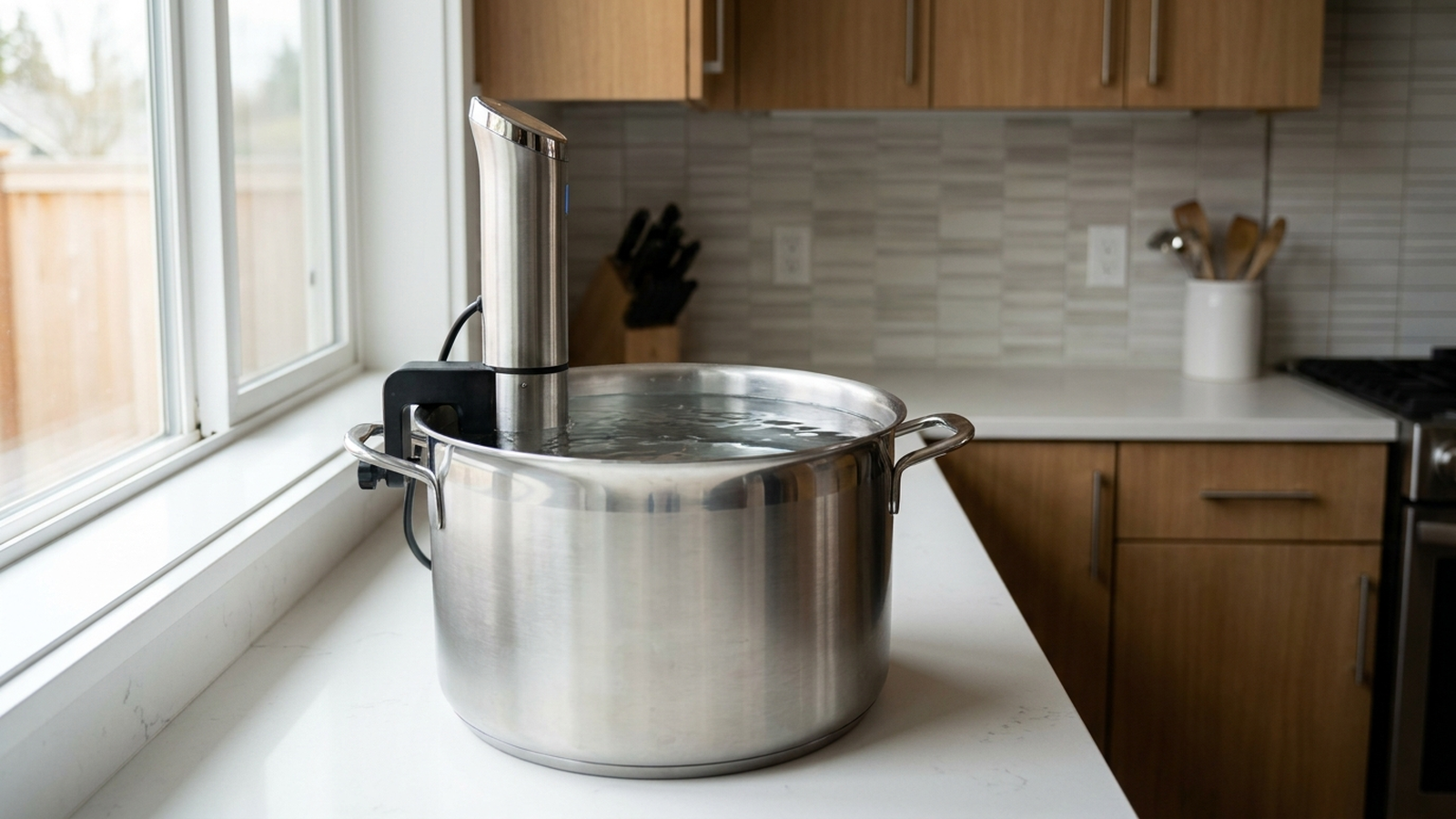 A sous vide immersion circulator clipped to the side of an empty pot on a kitchen counter, no people, no visible text