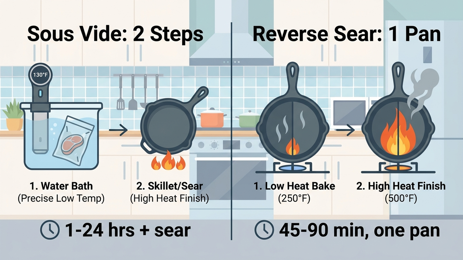 Infographic showing the sous vide workflow as two steps — water bath then pan sear — compared against a single-step cast iron reverse sear, with time and dish-count labels