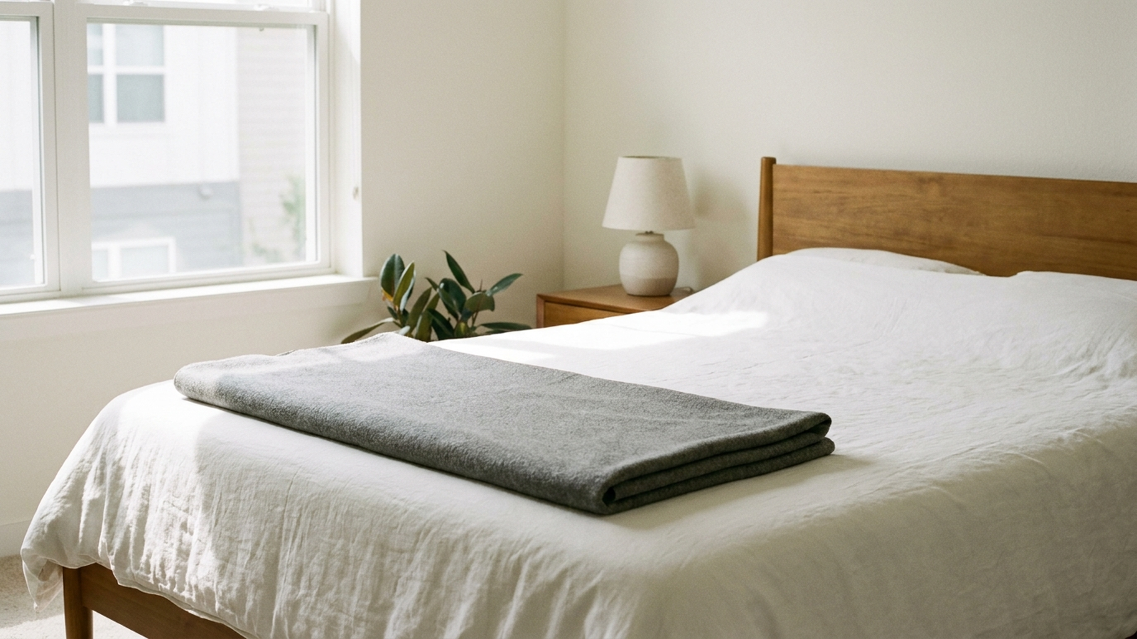 A neatly made bed with a plain folded blanket at the foot, soft natural morning light, no people, no visible text