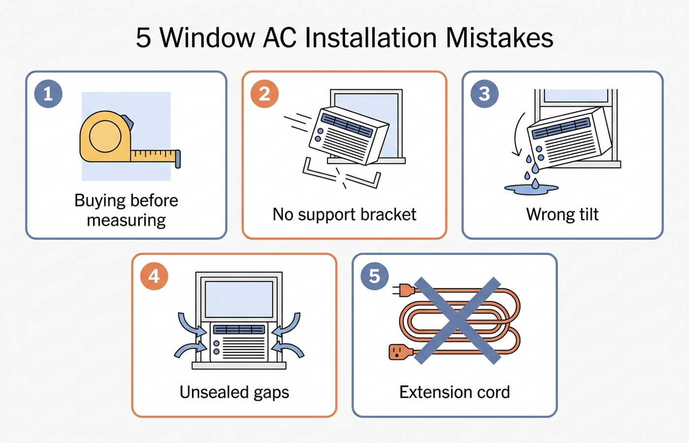 Infographic showing the five window AC installation mistakes: buying before measuring the window, letting the sash carry the weight with no support bracket, getting the drainage tilt wrong, leaving accordion panel gaps unsealed, and plugging into an extension cord