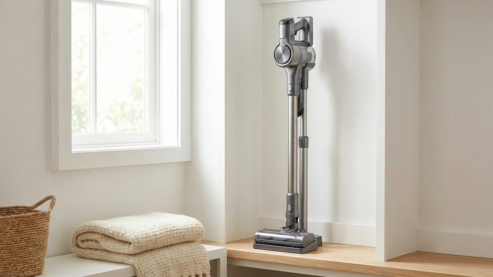 A cordless stick vacuum standing upright on its charging dock in a bright indoor utility closet, neutral daylight, no people