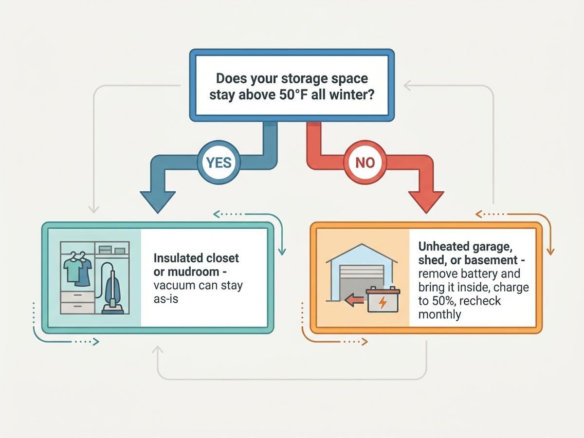 Decision flowchart for winter cordless vacuum battery storage: starts with the question does your storage space stay above 50 degrees Fahrenheit all winter, branching to an insulated closet or mudroom path if yes, and to remove the battery and bring it inside if the answer is an unheated garage, shed, or unheated basement