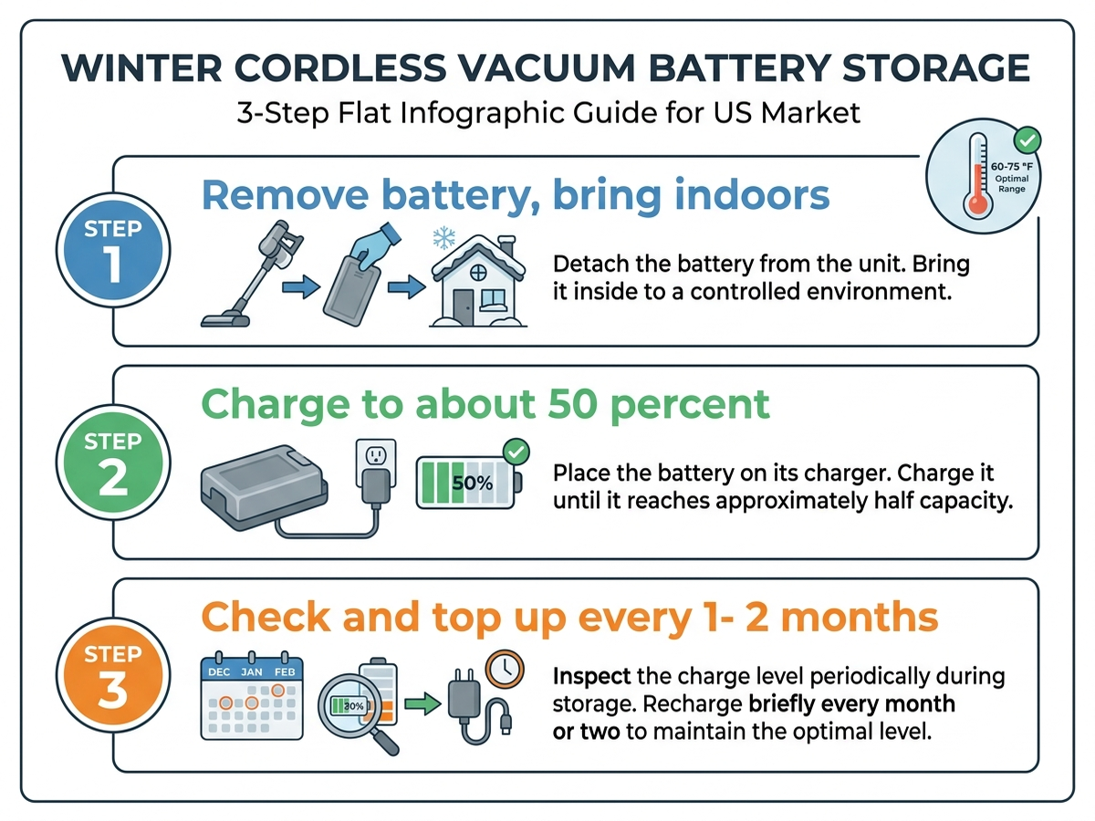 Step-by-step how-to diagram showing three winter vacuum battery storage steps: remove battery and bring indoors, charge to approximately 50 percent, and check and top up every 1 to 2 months, illustrated with a thermometer icon showing 60 to 75 degrees Fahrenheit