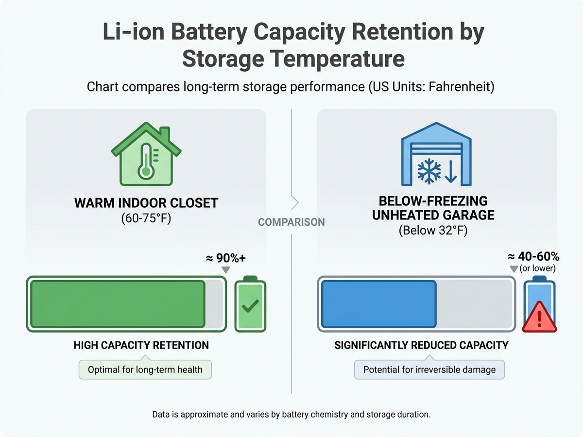 Flat infographic comparing lithium-ion battery capacity retention at different storage temperatures, from a warm 60 to 75 degree Fahrenheit indoor closet down to a below-freezing unheated garage, showing capacity loss increasing as temperature drops
