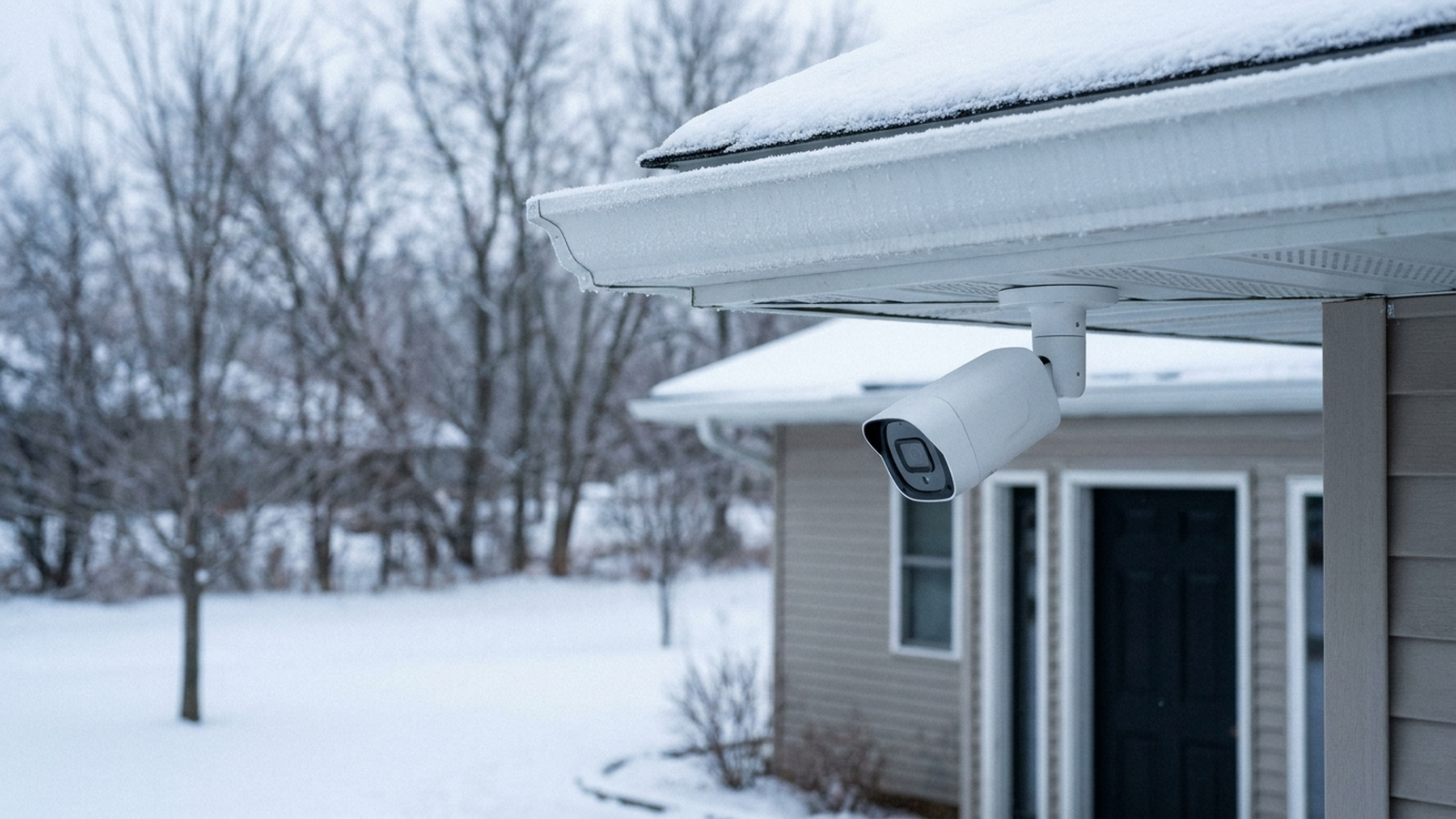 An outdoor security camera mounted under a roof eave, with bare winter trees and a light frost in the background