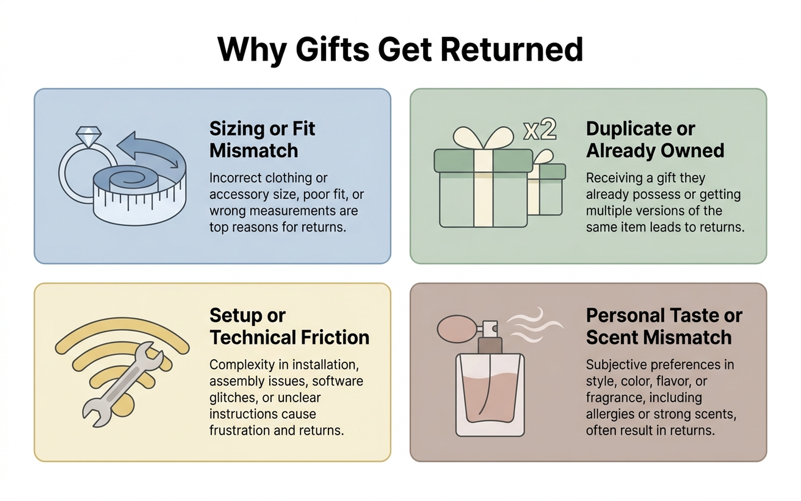 Infographic showing four reasons gifts get returned: sizing or fit mismatch, duplicate or already owned, setup or technical friction for the recipient, and personal taste or scent mismatch