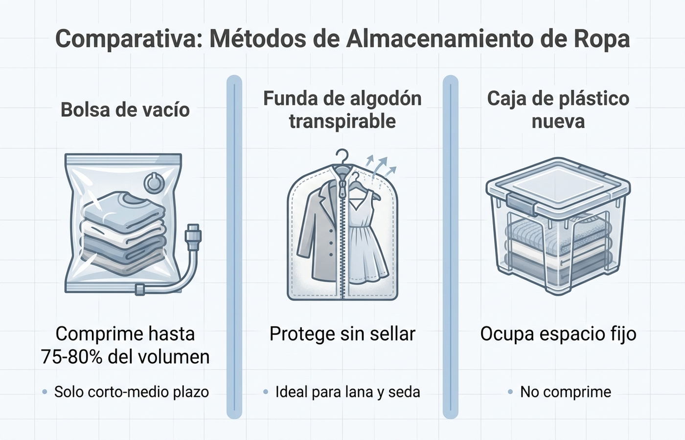 Infografía comparando tres formas de guardar ropa de temporada: bolsa de vacío (comprime hasta 75-80%, solo corto plazo), funda de algodón transpirable (protege a largo plazo prendas delicadas) y caja de plástico nueva (ocupa espacio fijo en el trastero, no comprime)
