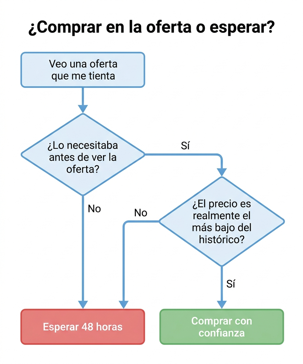 Diagrama de flujo en español para decidir si comprar en la oferta o esperar 48 horas