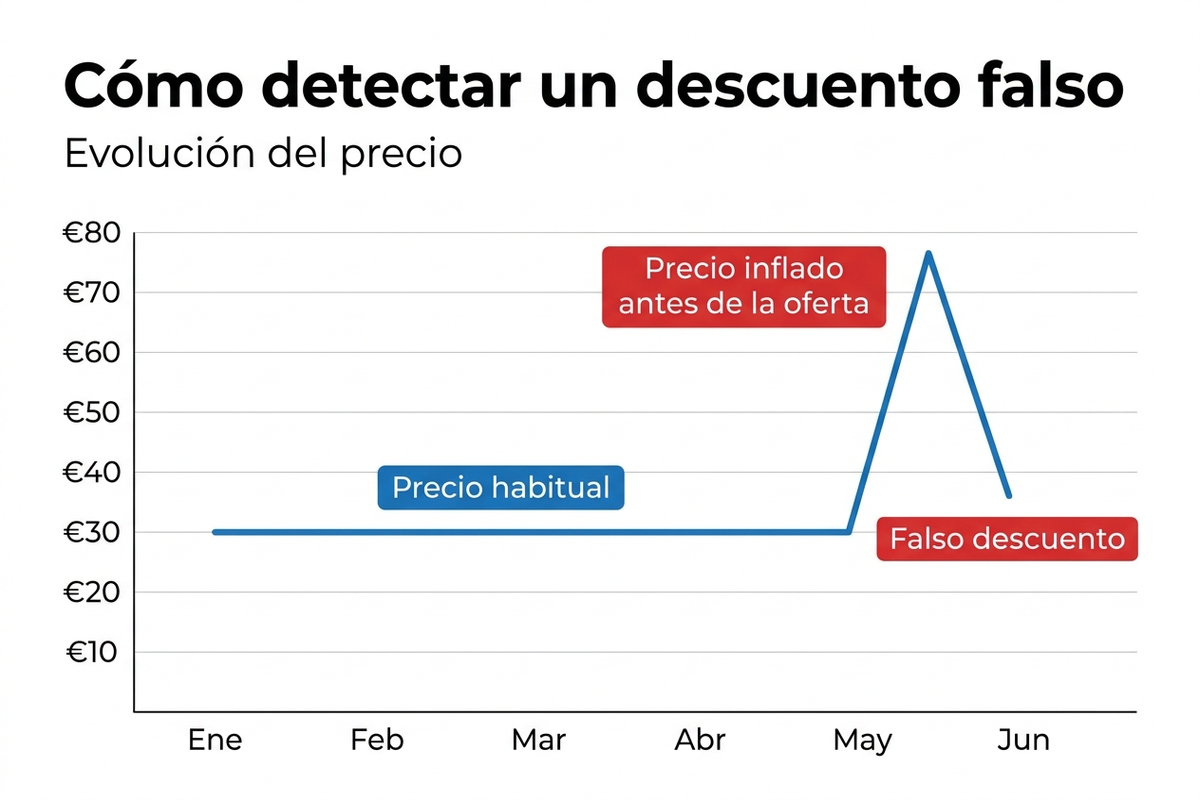 Infografía en español que muestra un gráfico de precios con un pico inflado antes de una oferta y la etiqueta de falso descuento