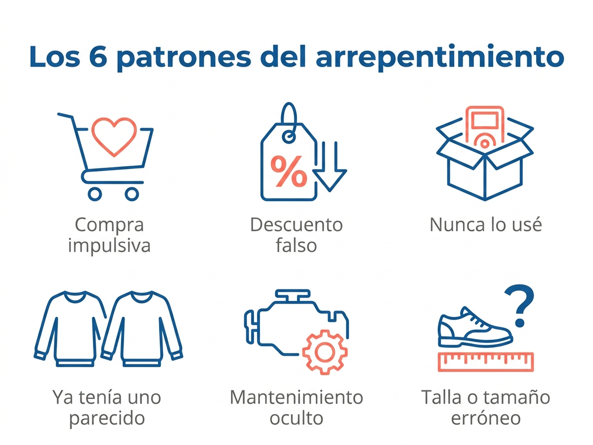 Infografía en español con los seis patrones del arrepentimiento: compra impulsiva, descuento falso, nunca lo usé, ya tenía uno parecido, mantenimiento oculto y talla o tamaño erróneo