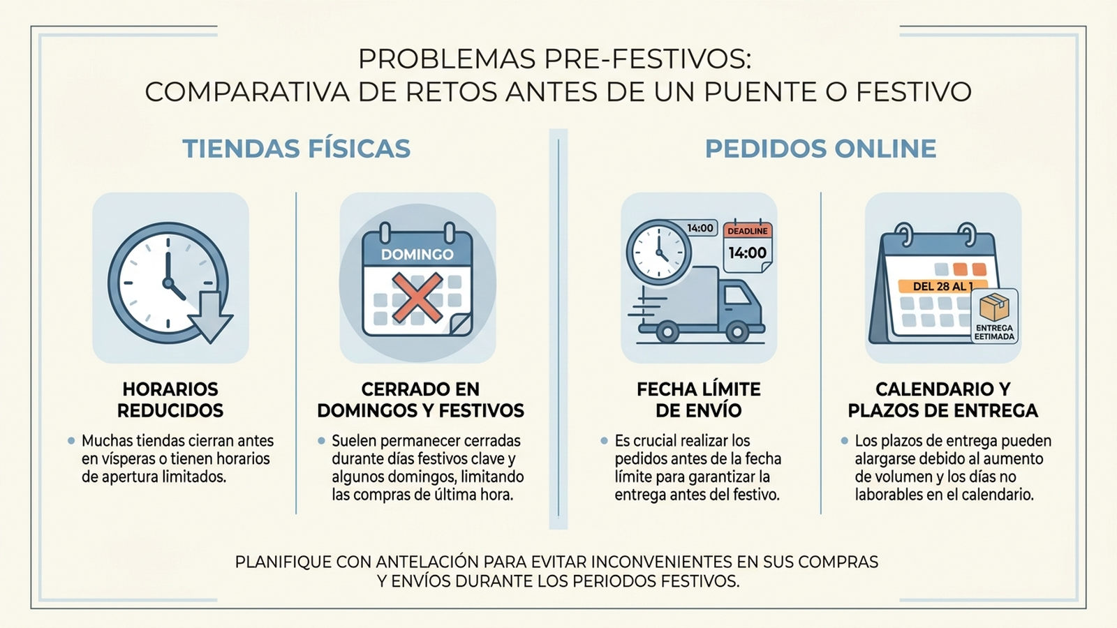 Infografía de dos columnas: "Tiendas físicas" con horario reducido y cierre en festivo, frente a "Pedidos online" con fecha límite de envío y calendario