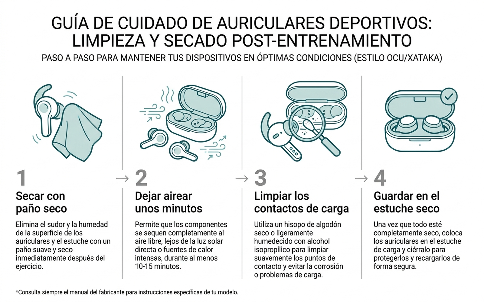 Infografía en español con el paso a paso para limpiar y secar auriculares deportivos y su estuche de carga tras el entrenamiento