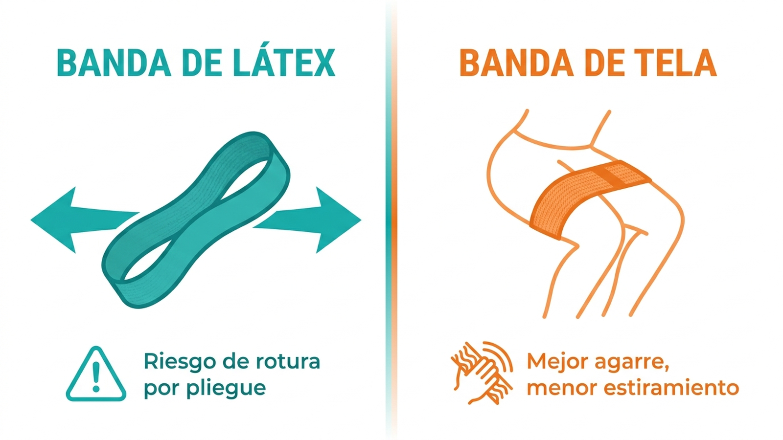 Infografía comparando banda elástica de látex y banda de tela: la de látex muestra mayor rango de estiramiento y riesgo de rotura por pliegue, la de tela muestra agarre antideslizante y menor rango de resistencia