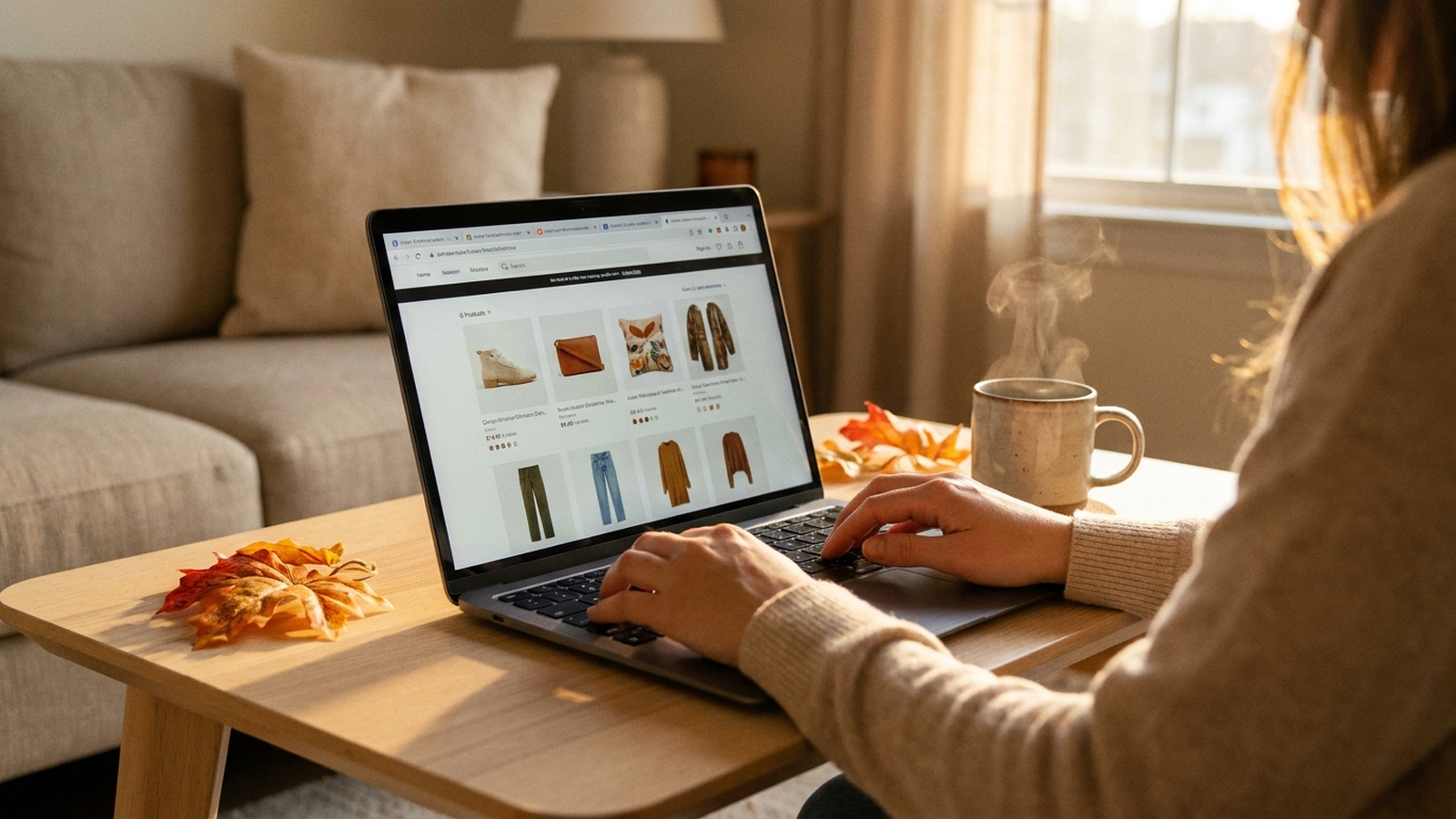 Persona comprando en un portátil con varias pestañas de tiendas online abiertas, sobre una mesa clara con una taza de café, ambiente neutro de compra otoñal