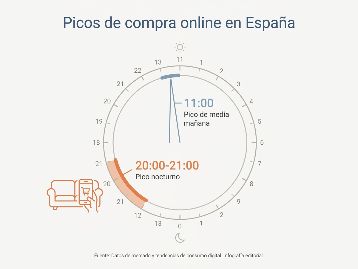 Gráfico en español con dos franjas horarias de pico de compra online en España: las 11:00 de la mañana y, con mayor volumen, las 20:00-21:00 de la noche, con un icono de móvil junto a un sofá