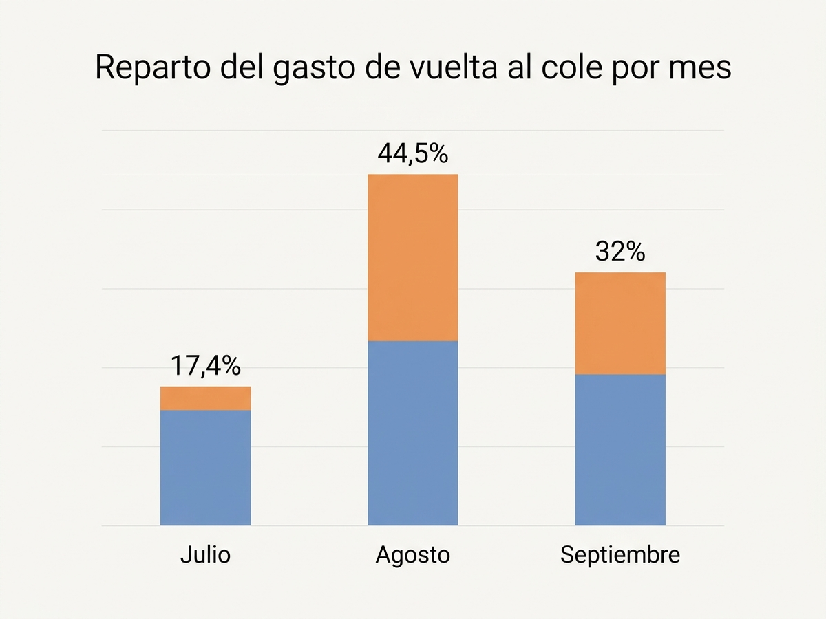 Gráfico de barras en español que compara el reparto del gasto de vuelta al cole por mes: julio ha subido del 15,3% al 17,4%, agosto del 43,1% al 44,5%, y septiembre ha bajado del 34,8% al 32%