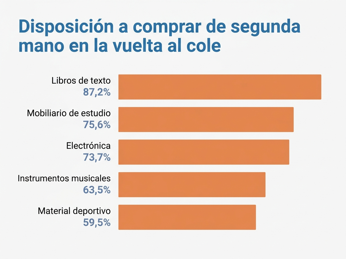 Gráfico de barras en español con el porcentaje de hogares dispuestos a comprar de segunda mano por categoría de vuelta al cole: libros de texto 87,2%, mobiliario de estudio 75,6%, electrónica 73,7%, instrumentos musicales 63,5% y material deportivo 59,5%