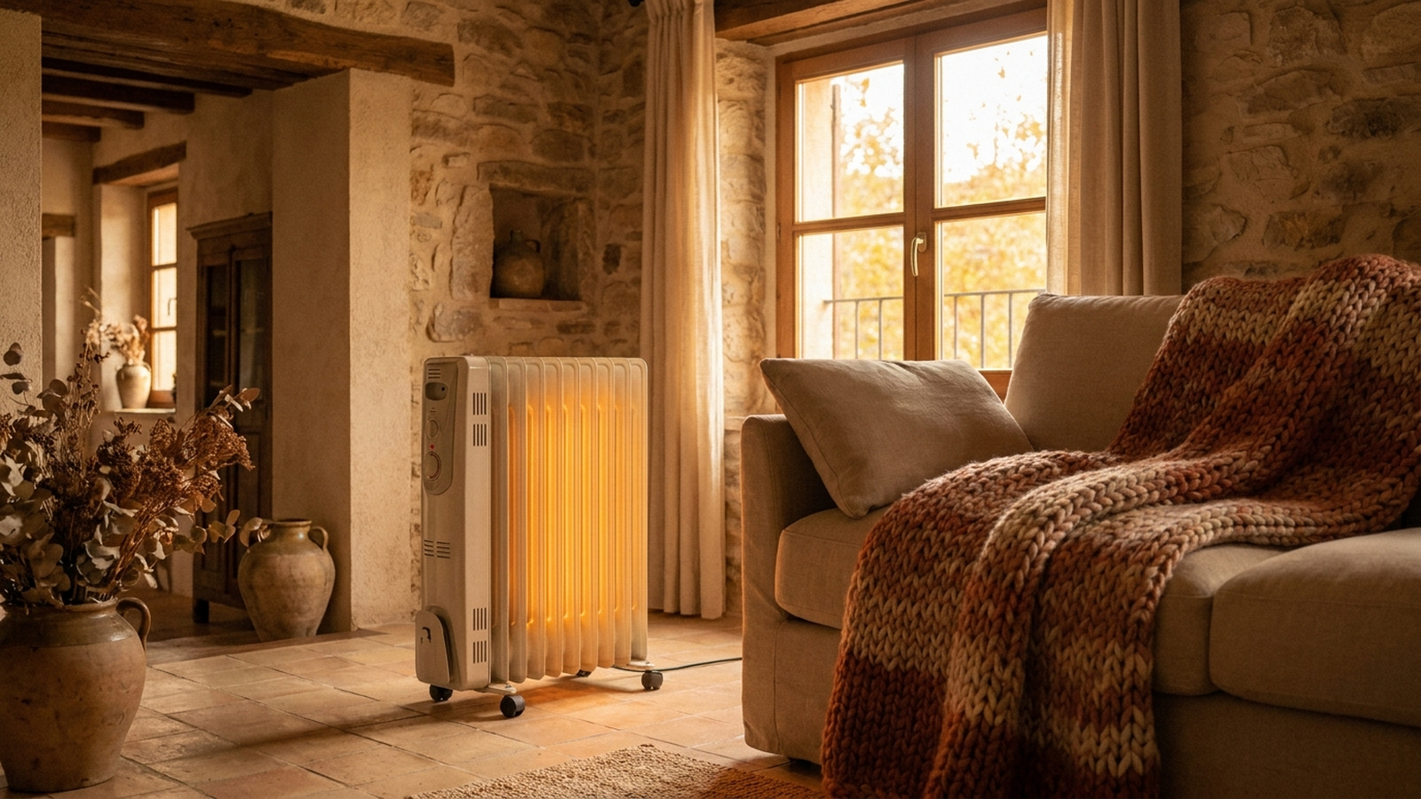 Salón de una vivienda española en otoño con un radiador eléctrico encendido junto a una ventana, luz cálida de tarde, sin personas