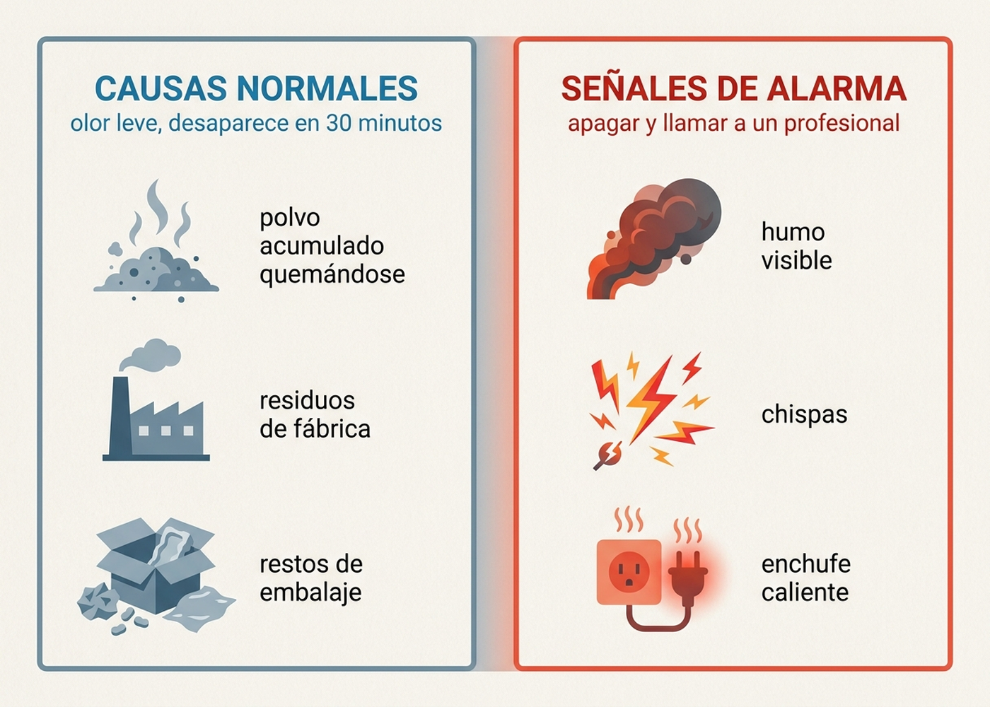 Infografía que compara las causas normales de olor a quemado en el primer encendido frente a las señales de alarma que requieren apagar el aparato