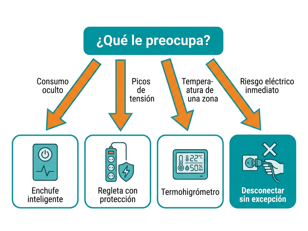 Árbol de decisión: si preocupa el consumo oculto usar enchufe inteligente, si preocupan los picos de tensión de verano usar regleta con protección, si preocupa la temperatura de una zona con electrónica usar termohigrómetro, y en cualquier caso desconectar planchas y calefactores sin excepción