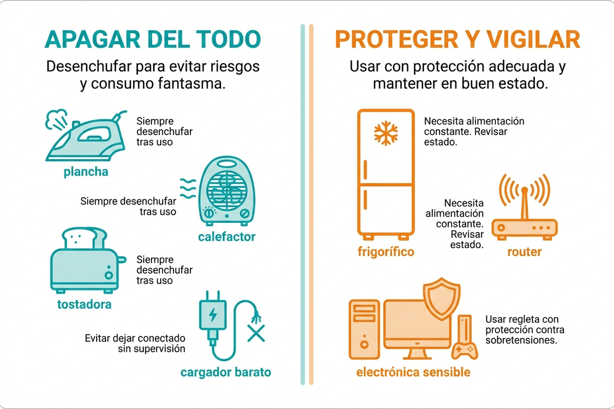 Infografía con dos columnas: "Apagar del todo" para planchas, calefactores y cargadores de baja calidad, frente a "Proteger y vigilar" para router, frigorífico y electrónica sensible