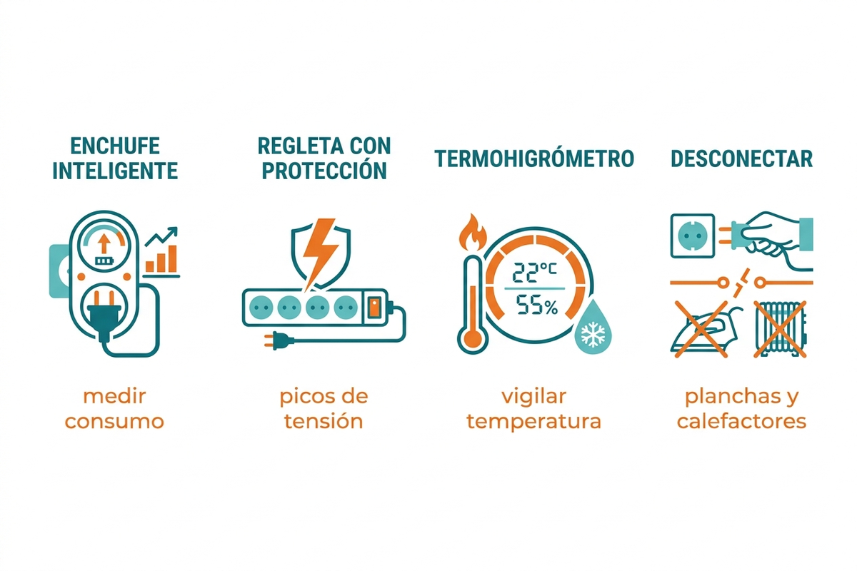 Diagrama con cuatro productos agrupados por función: enchufe inteligente con medición para vigilar consumo, regleta con protección de sobretensiones para picos de tensión, y termohigrómetro para controlar la temperatura de la habitación con electrónica