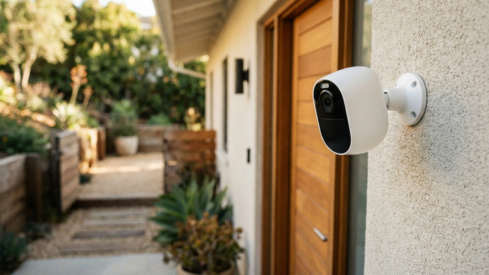 Cámara de vigilancia WiFi montada en el exterior de una vivienda con luz natural
