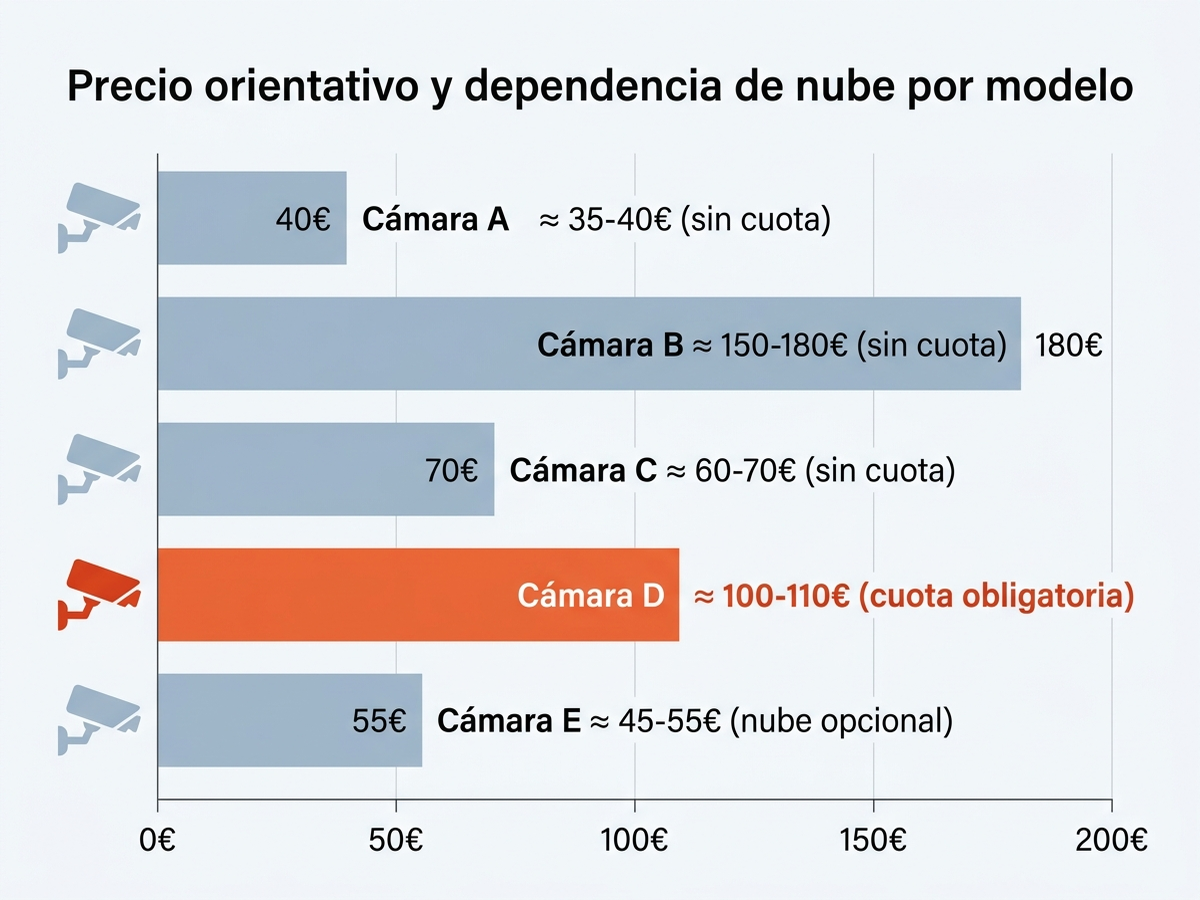 Precios orientativos y dependencia de nube por modelo de cámara