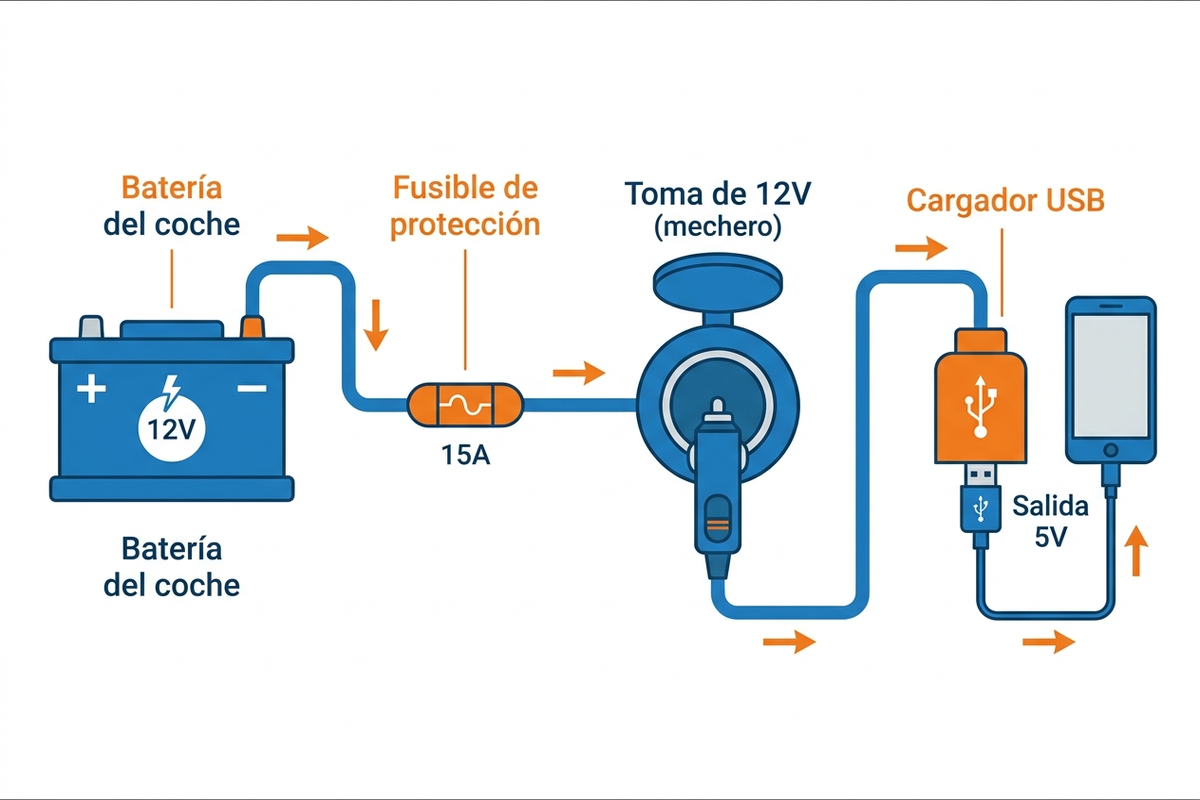 Circuito eléctrico de la toma de 12V del coche: batería, fusible, toma, cargador