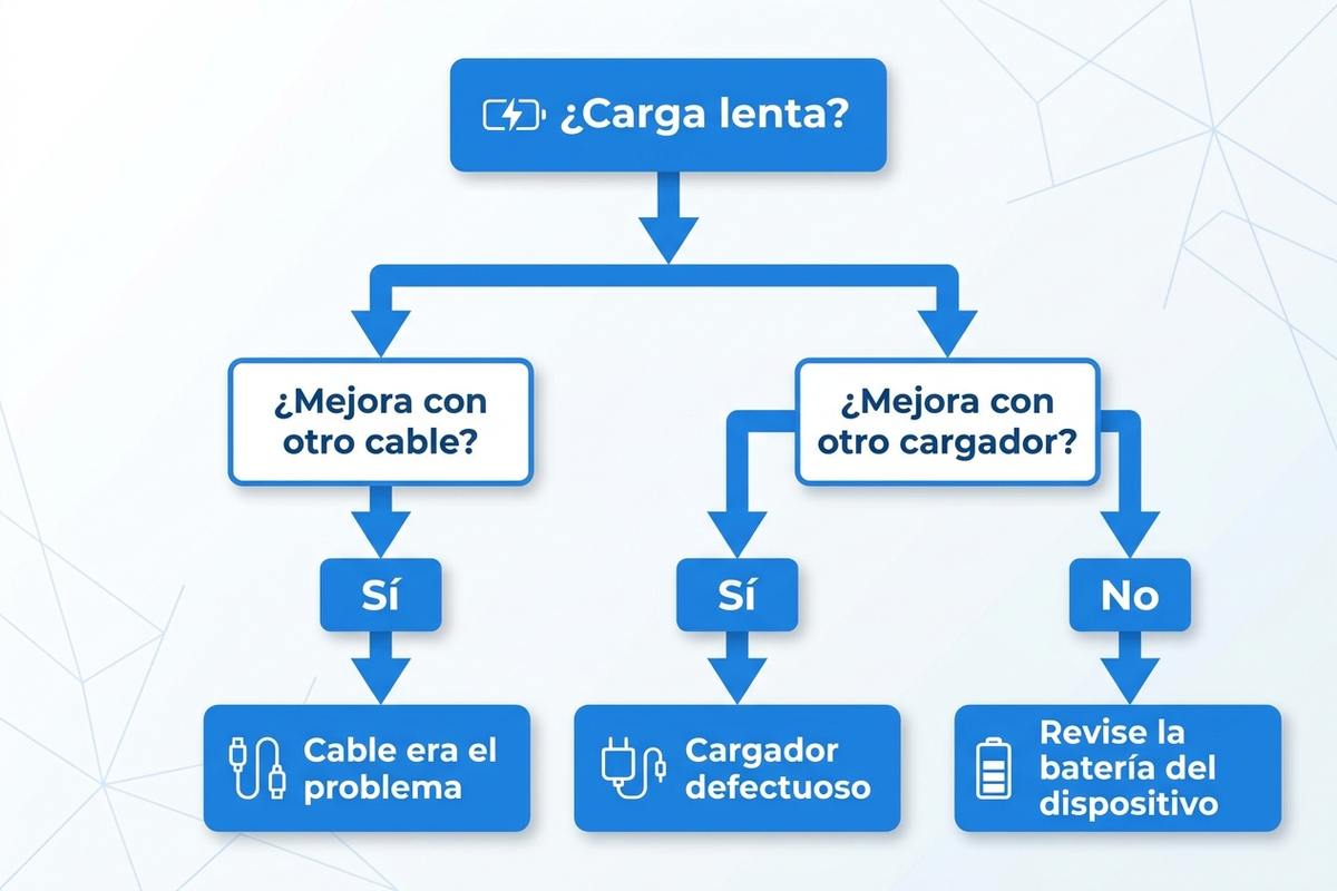Árbol de decisión: cambiar cable, cargador o revisar la batería