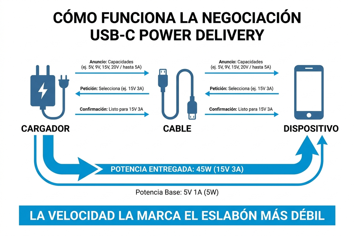 Cómo negocia potencia el USB-C: cargador, cable y dispositivo