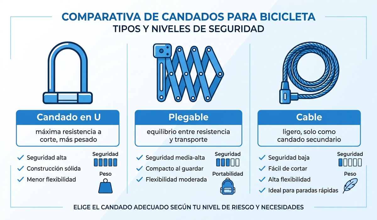 Infografía comparando tres tipos de candado de bicicleta: en U (máxima resistencia a corte y palanca, más pesado), plegable (equilibrio entre resistencia y transporte cómodo) y de cable (más ligero pero menor resistencia, solo como candado secundario)