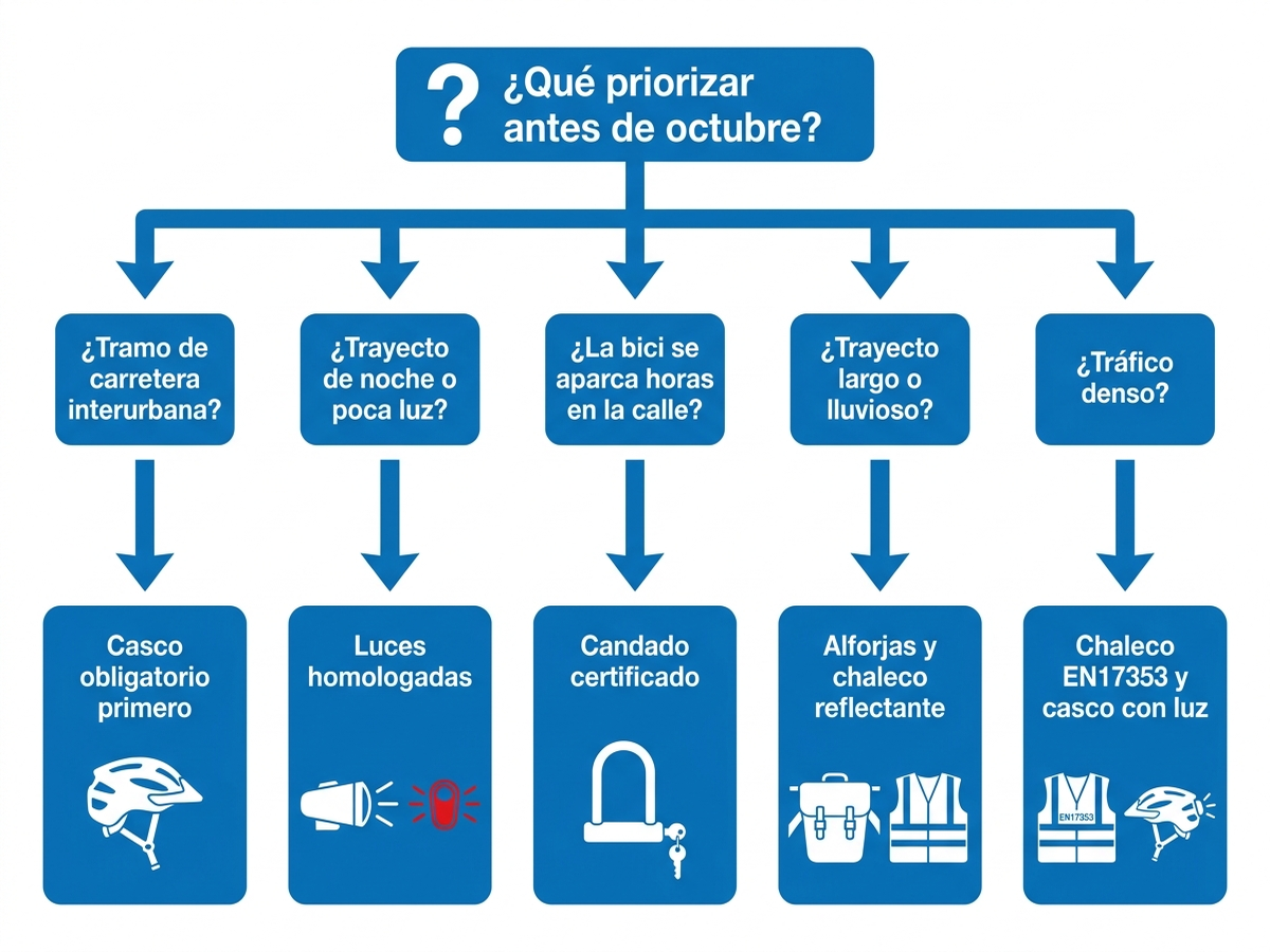 Árbol de decisión para priorizar la compra de equipo ciclista antes de octubre de 2026: si el trayecto incluye tramo interurbano, primero el casco; si hay tramos de noche o poca luz, luces homologadas; si la bici se aparca varias horas en la calle, un candado certificado; si el trayecto es largo o lluvioso, alforjas y chaleco reflectante