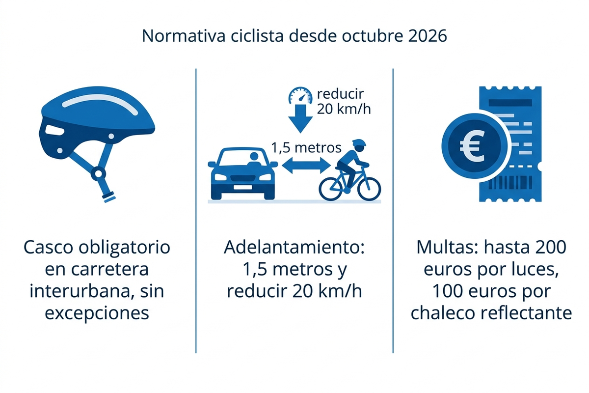 Infografía con los tres cambios de la normativa ciclista de octubre 2026: casco obligatorio en vías interurbanas sin excepciones, adelantamiento con 1,5 metros de separación y reducción de 20 km/h, y multas de hasta 200 euros por luces y 100 euros por prenda reflectante